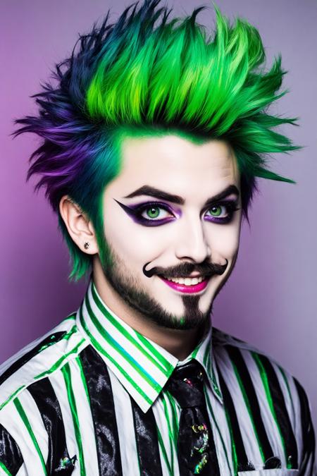 Beetlejuice Slime Tutorial,  1boy,  beard,  collared shirt,  facial hair,  green hair,  looking at viewer,  male focus,  mustache,  portrait,  realistic,  shirt,  short hair,  smile,  solo,  striped,  striped shirt,  visual kei,  punk rock,  green hair,  rainbow outift,  extremely detailed,  masterpiece,  official art,  rock star pose,  semi realistic,  horror,  broadway lighting,  specular highlights,  highly detailed,  tonemapping,  detailed skin,  detailed eyes,  poltergeist vibes,  horror show,  tonemapping,  detailed skin,  detailed eyes, <lora:EMS-61574-EMS:0.400000>