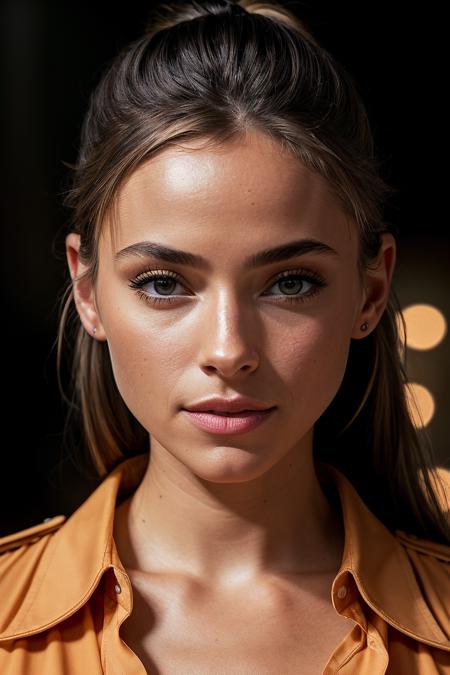 perfect cinematic shoot of a beautiful woman (EP3l1s4b3thTurn3r2:.99), a woman standing at a Subterranean cavern, perfect high ponytail, wearing sexy orange (Button-Up Shirt:1.2), (firefly dance in background:1.2), (detailed background:1.1), (face focus), modelshoot style, (extremely detailed CG unity 8k wallpaper), professional majestic (photography by Roberto Ferri:1.1), 24mm, exposure blend, hdr, extremely intricate, High (Detail:1.1), dramatic, soft cinematic light, (looking at viewer), (detailed pupils),8k, highly detailed, rich environment, 4k textures, soft cinematic light, elegant, ((((cinematic look)))), soothing tones, insane details, hyperdetailed, ("Dreams into reality with SDKoh!":1.1), (epiCPhoto)