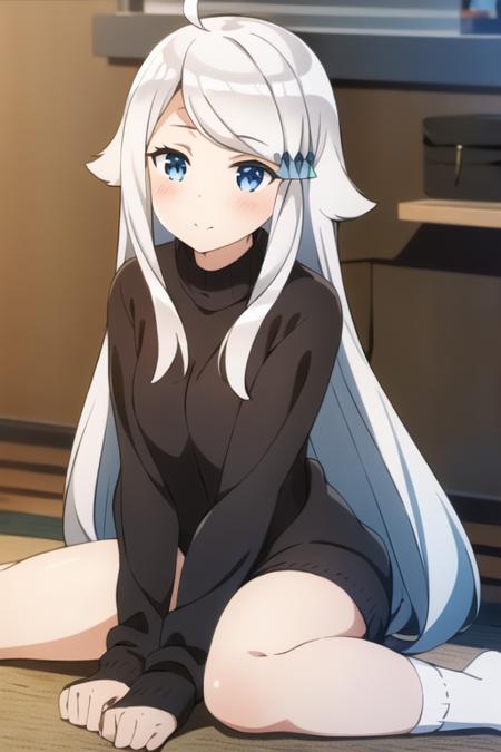 masterpiece, best quality,1girl,solo, kani nayuta,sliver hair,long hair,ahoge,hair ornament,blue eyes,black sweater,long sleeves,white socks,<lora:kaninayuta:0.8>,