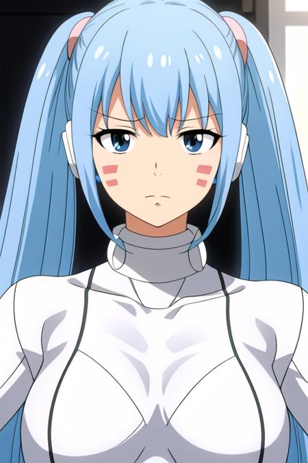 Simple White Background,
White Outfit,
<lora:Hermit_Mio_EdensZero-KK77-V1:0.7>,
bangs, blue eyes, blue hair,long hair,twintails, 
<lora:Oda_Non_Style-KK77-V2:0.3>,<lora:more_details:0.1>,
1 girl, 20yo,Young female,Beautiful Finger,Beautiful long legs,Beautiful body,
Beautiful Nose,Beautiful character design, perfect eyes, perfect face,expressive eyes,perfect balance,
looking at viewer,(Focus on her face),closed mouth, (innocent_big_eyes:1.0),(Light_Smile:0.3),
official art,extremely detailed CG unity 8k wallpaper, perfect lighting,Colorful, Bright_Front_face_Lighting,White skin,
(masterpiece:1.0),(best_quality:1.0), ultra high res,4K,ultra-detailed,
photography, 8K, HDR, highres, absurdres:1.2, Kodak portra 400, film grain, blurry background, bokeh:1.2, lens flare, (vibrant_color:1.2),professional photograph,
(Beautiful,large_Breasts:1.4), (beautiful_face:1.5),(narrow_waist),