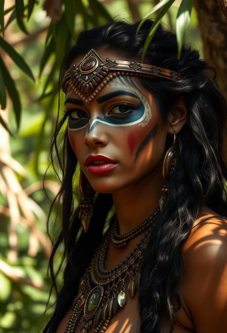 tribal huntress :: intricate face paint, copper jewelry, ebony hair :: moonlit jungle, dappled shadows