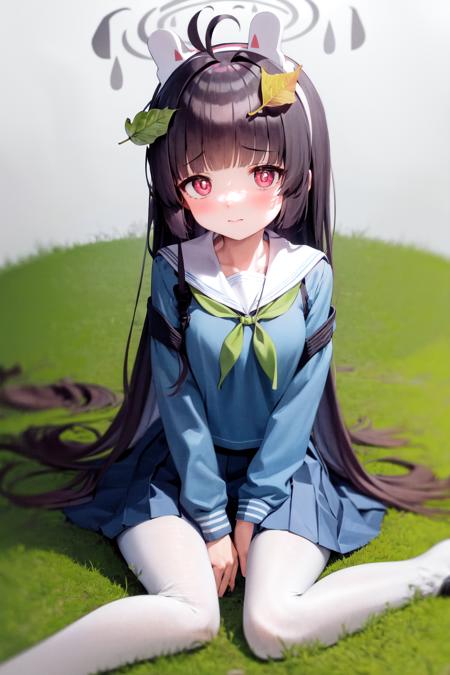 masterpiece, best quality, highres, 1girl miyu, school uniform skirt white pantyhose, leaf on head <lora:miyu:1> sitting on ground, wariza, arm support