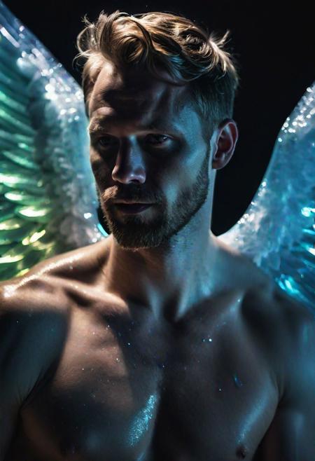 high quality, photo of 30 y.o scandinavian man, upper body, shirtless, wings of translucent ice on his back, detailed face, cinematic shot, dramatic lighting, aurora borealis