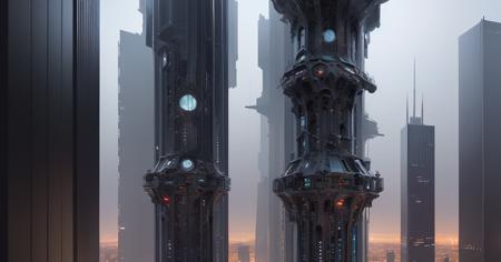 (masterpiece, best quality)((a cityscape view of a futuristic sci fi vertically layered city)), ominous, monolithic, towering, dystopian city, masterpiece, 4k resolution, (flawless architecture), atmospheric, nature taking over city,<lora:Beautiful Assassin:0.7>