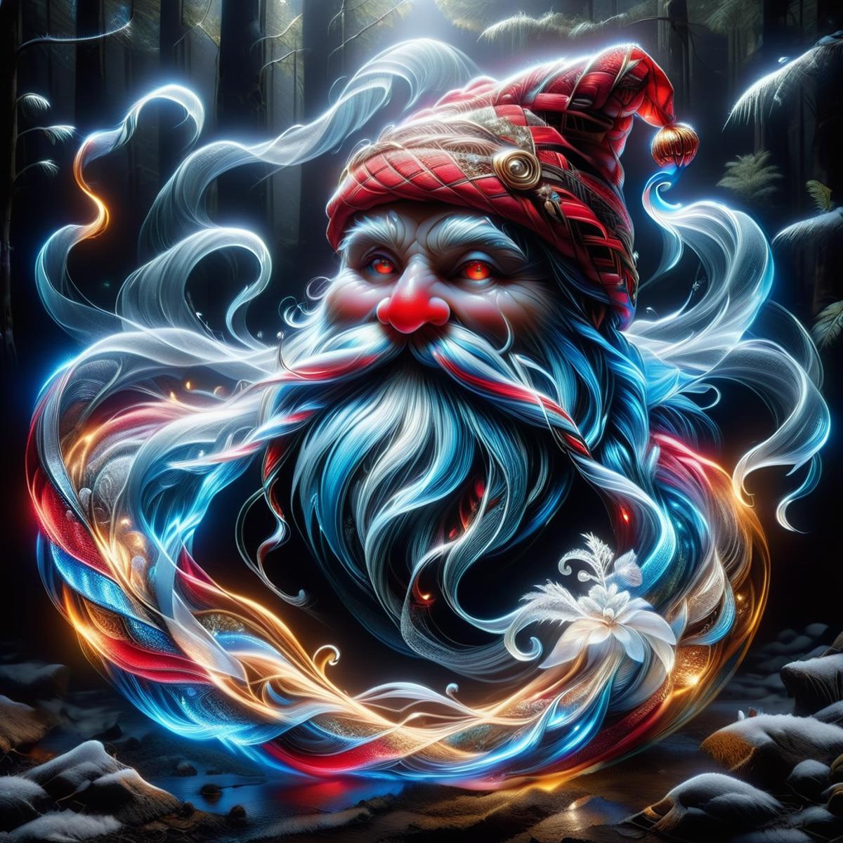 A surrealistic painting of a bearded man in a red hat with white whiskers, surrounded by swirling colors and smoke.