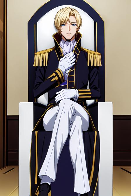 (masterpiece, best quality:1.2), highres, anime screencap, anime coloring, 1boy, solo, male focus, 
Schneizel_ELB_V1, mature male, blonde hair, short hair, parted bangs, blue eyes, (small eyes:1.2), 
military, military uniform, white ascot, epaulettes, high collar, white pants, black footwear, white gloves, 
sitting on throne, crossed legs, own hands clasped, own hands together, 
indoors, throne, 
looking at viewer, facing viewer, 
<lora:add_detail_CyberAlchemist:0.4>, <lora:GoodHands-beta2:0.8>, <lora:SchneizelELBV1-000010:0.9>