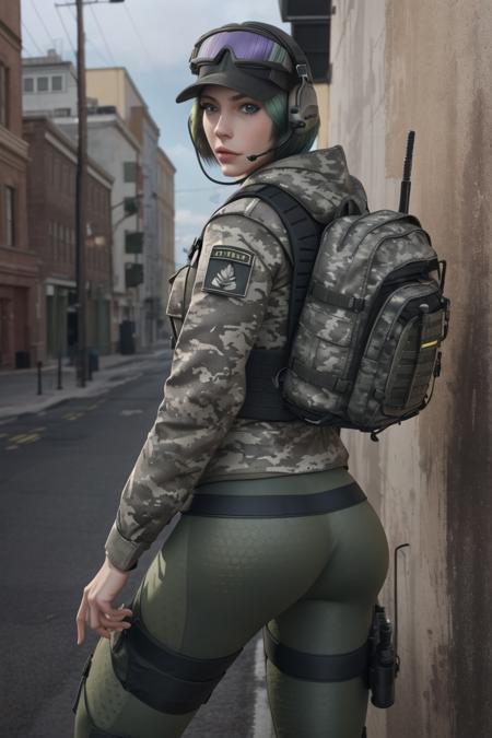 <lora:ela_(rainbow_six_siege):0.8>, ela_(rainbow_six_siege), masterpiece, best quality, 1girl, camouflage, solo, green hair, backpack, boots, hat, goggles, goggles on headwear, ass, pants, looking at viewer, jacket, hood, bag, short hair, headset, blue eyes, camouflage jacket, gloves, holster, hood down, looking back, thigh holster, radio antenna, military, headphones, leggings, closed mouth, camouflage pants, huge ass, outdoors,