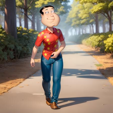 ((masterpiece, best quality)),(complex light), quagmire, solo, shirt, 1boy, standing, full body, short sleeves, collared shirt, red shirt, blue pants, <lora:TheGooder_quagmire1-1:0.8>,brown shoes, walking, forest, big chin,