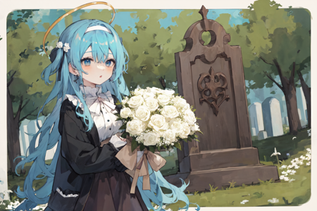 best quality, masterpiece, extremely detailed, detailed background, 1girl, flower, solo, white flower, long hair, bouquet, halo, horns, cross, blue hair, tombstone, white rose, skirt, tree, jacket, black skirt, rose, shirt, sleeves past wrists, black jacket, earrings, hairband, white shirt, jewelry, frills, holding bouquet, border, very long hair, long sleeves, blue eyes, holding, parted lips, outdoors <lora:bacheally128dim-epoch-000006:1>