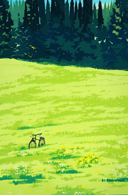 tree, outdoors, grass, scenery, flower, no humans, nature, day, ground vehicle, yellow flower, forest, plant, bicycle  (illustration:1.0), masterpiece, best quality,  <lora:summer tree_20230919090103:0.8>