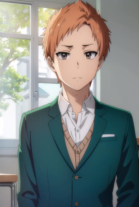 tatsumitanabe, <lora:tatsumi tanabe s1-lora-nochekaiser:1>,
tatsumi tanabe, short hair, (brown eyes:1.5), male focus, orange hair,
BREAK shirt, school uniform, jacket, white shirt, blazer, green jacket, (green blazer:1.5),
BREAK indoors, classroom,
BREAK looking at viewer, (cowboy shot:1.5),
BREAK <lyco:GoodHands-beta2:1>, (masterpiece:1.2), best quality, high resolution, unity 8k wallpaper, (illustration:0.8), (beautiful detailed eyes:1.6), extremely detailed face, perfect lighting, extremely detailed CG, (perfect hands, perfect anatomy),