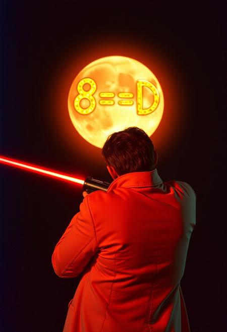 candid velvia photograph, in the background, the moon with the text "8==D" written on it with glowing lava. in the fore ground a mad scientist villain, back to the viewer, shooting a laser gun at the moon.