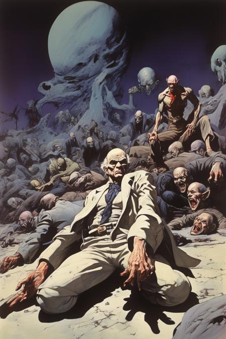 Josh Kirby Style - Ralph Bakshi depiction of fainted balding pale vampires, many men, pale, sleeping vampires, pale men fainted on cracked planet floor, men laying down, destreuction, war zone, destroyed alien world background