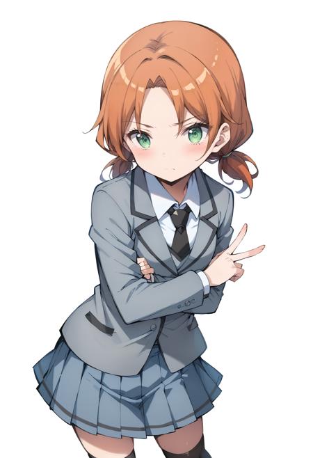 Hayami Rinka,green eyes,orange hair,twintails school uniform,grey jacket,grey pleated skirt,black necktie,black kneehighs blue shirt,short_sleeves,blue shorts,black_pantyhose