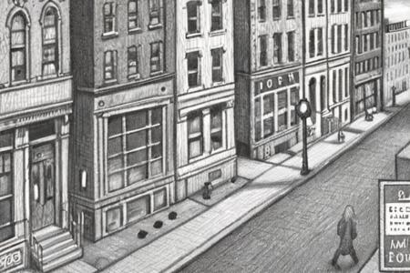 a drawing of a city street with a person walking by Brian Selznick  <lora:Brian_Selznick_Style_XL:1>