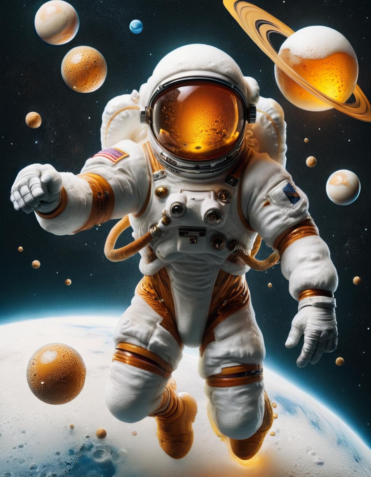 Space Astronaut in White and Orange Suit Pointing to Planet