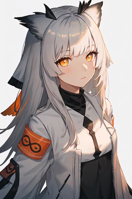 best quality, masterpiece, highres, solo, {ptilopsis_arknights:1.15}, bangs, owl_ears, long_hair, white_hair, orange_eyes, yellow_eyes, upper_body, grey_hair, closed_mouth, feather_hair, 1girl, simple_background, white_background, portrait, looking_at_viewer