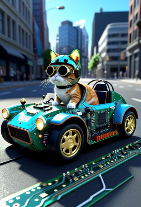 TzigoCBS, (made of CircuitBoard:1.3), from side, cute small classic sports car made of CircuitBoard, cat driving, wear round goggles, wear animal ears helmet, run through on city street, blue sky, cinematic, cinematic lighting, (masterpiece, best quality:1.4), ultra-high res, 4k, Photorealistic, insanely detailed, sfw,