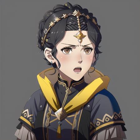 FE16, Fire Emblem, Fire Emblem Three Houses, Fire Emblem Warriors Three Hopes, simple background, grey background, light top left, 1 Girl, Duster, 1Girl, Mature female, Old, Very Short Hair, Crown Braid, Single-color Hair, Black Hair, (Angry|Blush|Happy|Sad|Open Mouth), (Young|Older|Aged Up:1.3)