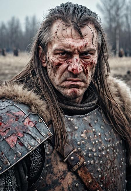Portrait Photo of mature slavic warrior. he weared plate armor, fur coat. Scars on his face. Long dirty hair, sweat, dirty face, broken nose, dirty berd. He is tried after battle. There are marks of battle, dents, and blood on his armor.
Background is a battlefield. Winter day. 
High detail
