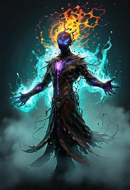 Artnthrmg, artmsc, mosaic, With this spell, the nether mage can turn his body into pure elemental nether. In this form, the mage is able to use his own body as a receptacle for elemental energies that can be used afterwards for various nether spells. The control of nether energy is very difficult and a careful nether mage makes a strong point of always having is control spell up and to avoid returning to his normal body with too much stored energy. The amount of nether energy that can be stored is linked to the nether mage status in the nether guild. A nether mage must also be careful not to have too much elemental energy stored when he goes back to his normal form, for else the huge amount of energy will explode into the air around the mage, which might prove quite lethal. Efficiency of this spell depends on the mage knowledge in the basic bodies and masteries, fire, earth, water and air.. ::2 masterpiece, long exposure, layered elements, motion photography, stark contrasting color transitions, saturated colors, harmonious color story, illusionism, beautiful details, blackhole energy core, ::1