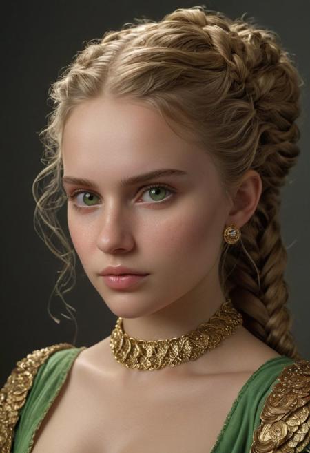 Photorealistic oil painting of (half-dragon warrior-princess:1.2) with (intricate metallic brass scales seamlessly melded into arm and neck:0.9), 18-year-old, (light brown hair:1.1) in warrior braid, half-angloirish, 1/4desi 25%, curvy, plump, bbw, chubby, fat, fatface, puffy lips, slightfrown, big nose, thinupperlip, wide nose, wide mouth, eyes apart wide, slightlyhomely, upper body, waste up, cute model, 
 (bare shoulder:1.3), (medieval fantasy clothing:1.2), grimdark fantasy, (medieval) fantasy, high fantasy, epic fantasy, (upper body:1.3) (medium shot:1.3) taken with (fujifilm xt3:1.1), film grain, dark style, raking light dramatic hard shadows, (dramatic lighting:0.9), material contrast, cinematic composition, intricate details, masterpiece, visually stunning, evocative, vivid deep hues, brass, green chalcedony, (body transformation:1.2), <dhevv:ds-style:rsd1.5>, realistic eyes, scaleborn, scales,  woman, busty, massive breasts, k cup size breasts, bangs, small barrette , subtle smile,