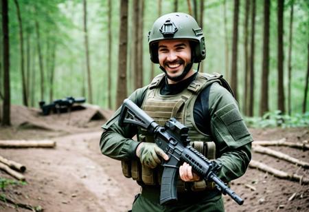score_9, score_8_up, score_7_up, score_6_up, A young man in a Follout-style combat green jumpsuit with metal protective pads on his shins, hips, forearms and shoulders in a light Kevlar bulletproof vest, tactical helmet and with a halil-type assault rifle in his hands. Scratch on the right cheek, smeared with mud, happy expression. pale skin, military camp in the forest background,  aesthetic, wrist tattoo, smiling