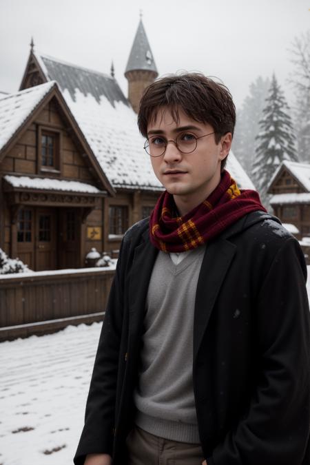 portrait of  HPDR, Hogwarts student, a boy, male, schoolboy, a 20 year-old man, glasses, a lightning scar on his forehead, it's sad to look at the first snow, Hogwarts man school outfit of Gryffindor, in a black robe, a red and yellow scarf, grey shirt, black pants, black shoes, at Hogsmeade, Gryffindor, outside, snowing, in winter, close up, head in the frame, detailed, hdr, epic background, line art, digital illustration, comic style, dynamic, highly detailed, artstation, concept art, smooth, sharp focus, illustration, Thomas Moran style, art by Carne Griffiths and Wadim Kashin, detailed background, 60-30-10 color rule, warm tones, godrays, unreal engine, greg rutkowski, loish, rhads, beeple, makoto shinkai and lois van baarle, ilya kuvshinov, rossdraws, tom bagshaw, alphonse mucha, global illumination, detailed and intricate environment <lora:more_details:0.25> <lyco:GoodHands-beta2:1.0>