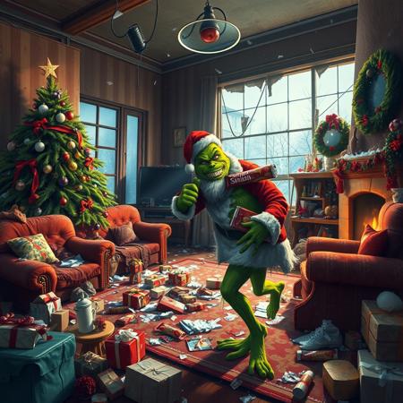 masterpiece,best quality,amazing quality, big colorful living room, broken christmas decorations, big broken christmas tree, broken window, broken sofa, destroyed gifts, messy, disorganized, cold air with snow enters through the broken window, unlit fireplace, a swinging spotlight hanging from the ceiling 
Santa Claus hiding behind an armchair with dirty and torn clothes dirty face tired breathing deeply holding a candy bar as if it were a gun, big green grinch savage monster big fangs saliva dripping from mouth walking searching sniffing red eye hunched position