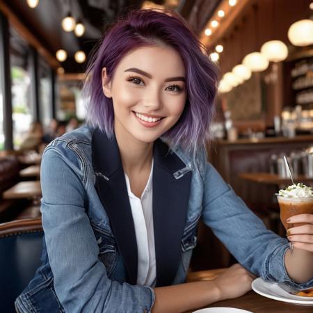 Realistic, very high quality RAW photography, intricate and exquisite details and textures, highly detailed and ultra detailed photography, warm lighting, 4k, ((black and white)), high resolution, detailed skin, detailed eyes, woman, purple hair, short hair, black eyes, in a restaurant, sitting, eating, healthy food, wearing jeans, a blue blouse and an unbuttoned navy blue jacket, makeup, smiling, people in the restaurant, thumb up