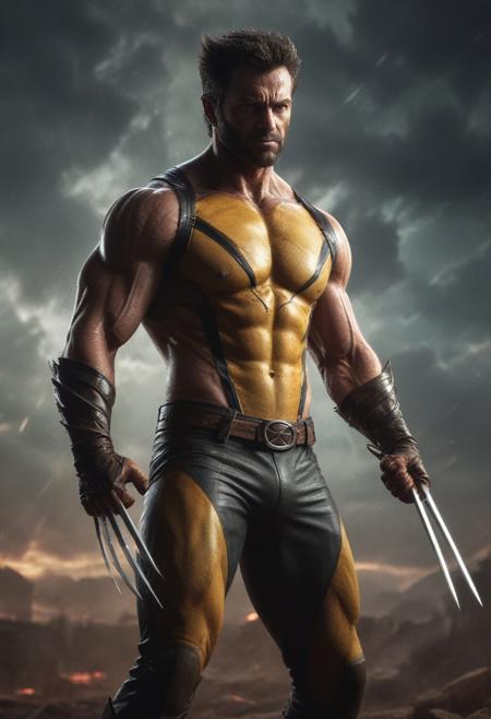 High resolution ultra-realistic of Beautiful Wolverine/Logan, cinematic lighting, Marvel style, Wolverine vs X-23 stand side by side in battle pose on a bloody and stormy battlefield, 8k, realistic modern Wolverine X-Men yellow and black combat costume, gazing straight ahead, dirty face, realistic brown eyes, full body, ultra realistic, cinematic style, athletic figure, day lighting, sharp focus, digital painting, Photograph Taken on Nikon D750, Alphonse Mucha, Hyperdetailed, hyperrealism, aesthetics reminiscent of X-Men, Attractive, asymmetric balance