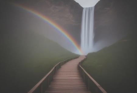 path, water, waterfall, made of rainbow