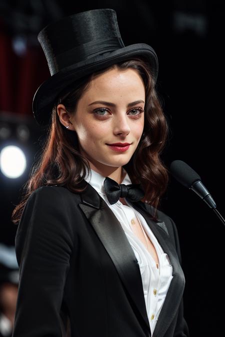 photo of a woman, kayascod,((wearing a tuxedo jacket, shirt, bowtie, top hat):1.1), ((closeup, portrait)),((on stage, spotlights):1.2), ((red lipstick, makeup)), (smile), ((best quality, masterpiece, extreme details, high resolution):1.2),((detailed eyes, beautiful eyes, detailed face, beautiful face):1.2)