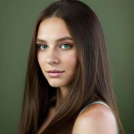 best quality, beautiful, 22 year old woman, brunette straight  hair, (full face portrait:1.2), face portrait, detailed face, very dark green eyes , hyper realistic, (facing camera), (looking into the camera), studio portrait, natural lightning, perfect shadows, (white background:1.1)