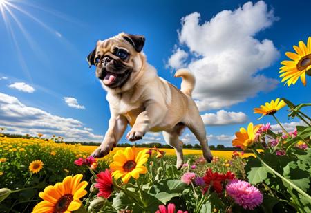 Highly detailed photograph of a pug puppy leaping through the air above a field of colorful flowers. Side view. Floppy ears, big eyes, very cute, very happy, joyful. Blue sky with fluffy clouds. Bright sun, god rays.