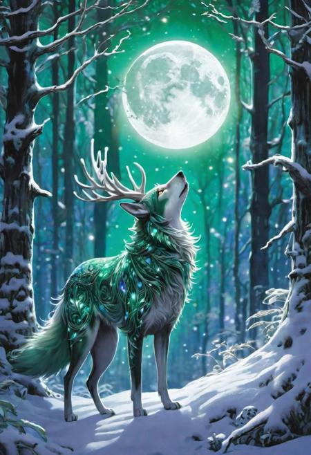 Astral Aura, Amidst a silvery winter's night, a small, agile creature, reminiscent of legends and fairy tales, flits through the moonlit forest. Its coat, a tapestry of deep forest green and frosty white, blends seamlessly with the enchanted winter surroundings. With a snout that twitches in the crisp air and keen, bright eyes surveying the landscape, it moves with a purposeful grace, akin to a guardian spirit of Christmas lore. On its back, a tiny, intricately carved wooden pack, adorned with holly and mistletoe, overflows with miniature gifts, each wrapped in paper that twinkles like starlight. As it bounds softly over the snow, its presence brings a sense of wonder and joy, weaving the magic of the holidays into the heart of the wilderness., astral, colorful aura, vibrant energy