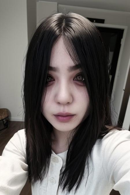 UHD, 4k, RAW Photo, ultra detailed, Sadako, long black hair, (hair over eyes), pale skin, White dress, long sleeves, dirty clothes, indoor, selfie shot, black eyes