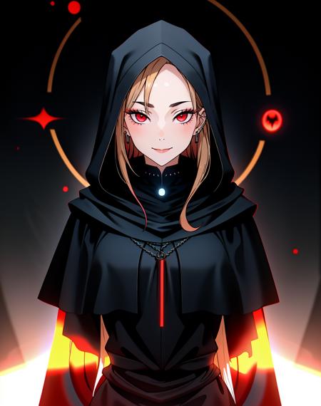 ((Masterpiece, best quality)),edgQuality,smirk,smug, hair inside the hood,
edgCultist, 1girl, solo,  looking at viewer, hood, glowing eyes , black background, portrait, glowing eyes, cloak, dark, hooded cloak ,wearing edgCultist_hood,ominous,dark
<lora:edgCultistHood:1>  <lora:MarinKitagawa:0.65>gradient blonde hair color, piercings, choker,red eyes,