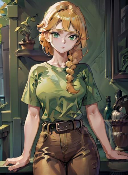 best quality, (masterpiece),(ultra-detailed), (high quality), (high resolution), <lora:add_detail:0.5>, <lora:alexmc:0.7>,alex,  green shirt, belt, braid,