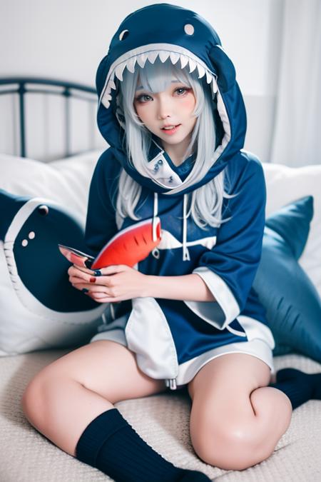 <lora:elyee:0.8> 3ly33, long hair, bangs, blue eyes, long sleeves, holding, sitting, blue hair, tail, grey hair, socks, indoors, hood, nail polish, streaked hair, pillow, hoodie, wariza, stuffed toy, stuffed animal, sharp teeth, hood up, blue nails, animal hood, animal costume, fish tail, shark tail, blue hoodie, shark girl, blue socks, shark hood, stuffed shark, shark costume