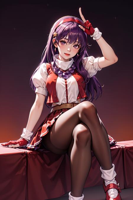 (masterpiece, top quality, best quality, official art, beautiful and aesthetic:1.2), (1girl:1.3), (fractal art:1.3), 
solo, athena97,
red shoes,(white socks:1.3),red pantyhose,
purple eyes, purple hair, long hair,red hairband, white turtleneck,white puffy sleeves,red pleated skirt,yellow belt,puple spherical necklace,red  fingerless gloves,red open vest,
star hair ornament, earrings
 medium breats,short sleeves,lying, crossed legs, 
outdoors,city background,closed mouth, 
 <lora:Athena97:0.8>