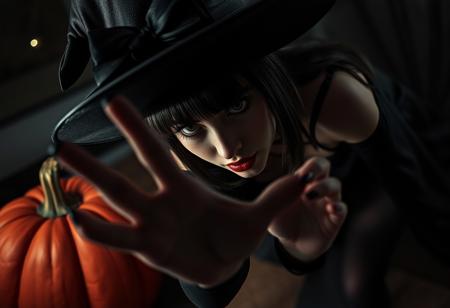 “Close-up of a glamorous woman with crossed bangs, dressed in a gothic Halloween costume with a witch hat and sheer dark pantyhose, leaning forward in a playful paw-like pose that hints at heavy breathing. Set indoors at night with a large pumpkin nearby, the scene evokes a spooky yet seductive Halloween atmosphere in monochrome, horror-inspired lighting. Shot with Panavision anamorphic cine lenses for a cinematic, widescreen look, the perspective from above places the viewer close to the character, emphasizing her allure within a night vision-inspired horror aesthetic. Anime-styled details enhance the eerie yet intimate vibe.”