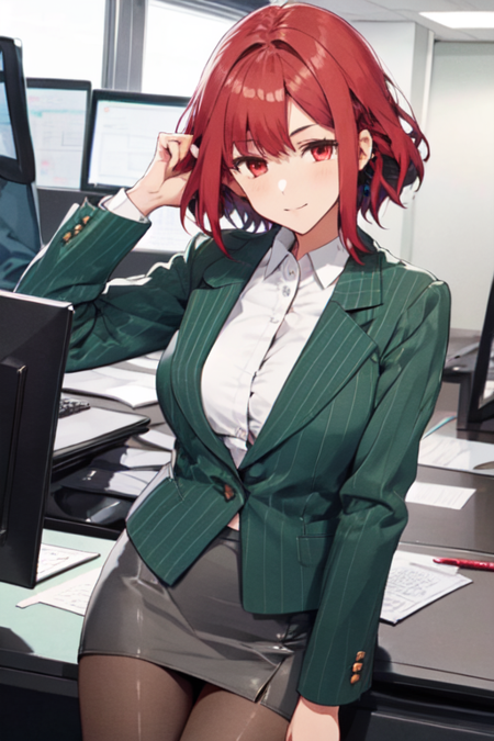 SoukoSouma, 1girl, solo, short hair, red hair, red eyes, green jacket, white shirt, striped, formal, suit, pencil skirt, large breasts, pantyhose, office lady, skirt suit, 