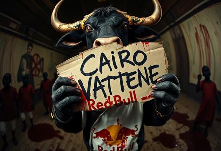 A darkly whimsical bull character, anthropomorphized with a sinister fairytale charm, dominates the scene with an enigmatic presence. Holding a jagged sign that declares “Cairo Vattene” in bold, erratic, handwritten text, the bull seems to straddle the boundary between calculated intent and chaotic unpredictability. The distortion from a Panavision Prime Cine Optics 12mm fisheye lens intensifies its central prominence, warping the surreal background into a twisted, dreamlike vortex. The sharp, contrasting colors ripple with streaks of blood, smearing the edges of reality like a Tarantino-esque fever dream.
Fuzzy logic permeates the atmosphere, blending order and disorder in subtle details: the bull’s blood-spattered hands seem both intentional and accidental, its menacing glare softened by an almost empathetic glint in its eye. The tattered shirt emblazoned with a spray-painted Red Bull logo adds another layer of contradiction, as if hinting at chaotic energy controlled just enough to send a cryptic message. The environment pulses with uncertainty, the surreal shapes and patterns shifting imperceptibly, as though alive and recalibrating with each glance. This interplay of precision and ambiguity creates a scene that defies strict categorization, leaving the viewer suspended in a state of uneasy wonder.