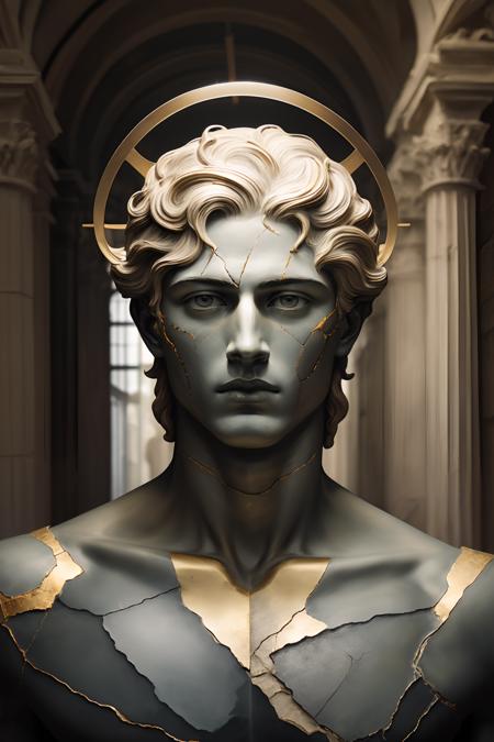 Hyperrealistic art a cracked slate statue of a male greek god with a halo,jawline,realistic,masterpiece,photograph,museum,<lora:kintsugi:1>, . Extremely high-resolution details, photographic, realism pushed to extreme, fine texture, incredibly lifelike