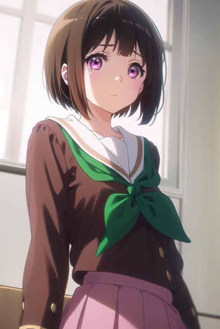 kaorinakaseko, <lora:kaori nakaseko s2-lora-nochekaiser:1>,
kaori nakaseko, short hair, bangs, brown hair, (pink eyes:1.3), mole, mole under eye,
BREAK skirt, shirt, long sleeves, school uniform, pleated skirt, serafuku, neckerchief, (brown skirt:1.2), white sailor collar, (brown shirt:1.2), kitauji high school uniform, (green neckerchief:1.5),
BREAK indoors, classroom,
BREAK looking at viewer, (cowboy shot:1.5),
BREAK <lyco:GoodHands-beta2:1>, (masterpiece:1.2), best quality, high resolution, unity 8k wallpaper, (illustration:0.8), (beautiful detailed eyes:1.6), extremely detailed face, perfect lighting, extremely detailed CG, (perfect hands, perfect anatomy),