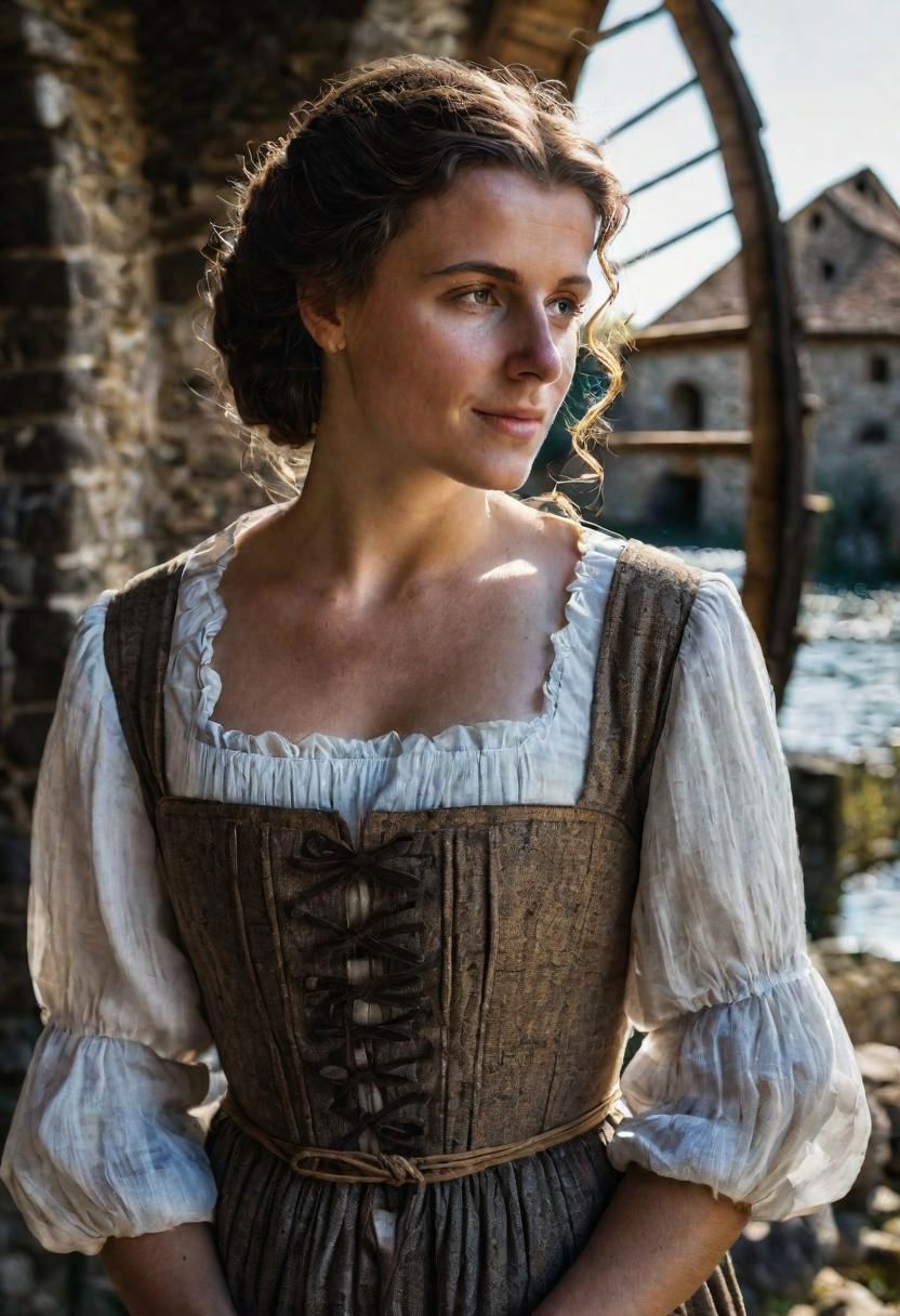 masterpiece, best quality, ultra highres, natural skin texture, brown hair, brown eyes, beautiful  20yo Lucia Mondella (I Promessi Sposi), shy expression, natural skin texture, ((1600's italian poor woman dress)), near a Watermill in Brianza, Spring,  24mm, 8k textures, soft cinematic light, adobe lightroom, photolab, hdr, intricate, elegant, highly detailed, sharp focus, ((((cinematic look)))), soothing tones, insane details, intricate details, hyperdetailed, low contrast, soft cinematic light, dim colors, exposure blend, hdr, faded, full body, ((small eyes)), hyperealistic