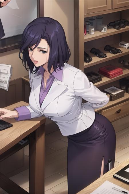 (game cg,best quality,masterpiece:1.3),1girl<lora:SaekoNogami2:0.8>saeko,white jacket,purple shirt,pencil skirt