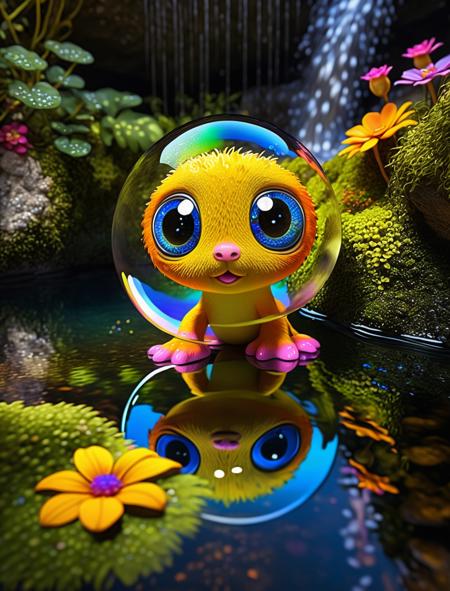Cinematic photo-realistic macro photography, dramatic lighting, cute water 1bubble with two big twinkling eyes, anthropomorphic cuddly creature, reflecting and refracting light, (living water), cave pool, moss, iridescent flowers, vibrant colors, <lora:detailed_notrigger:1>, rainbow over the water, HDR, many small details, <lora:add-detail-xl:0.9>.