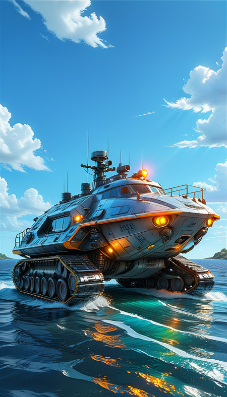 (cel-shading:2)+, (in ARTIST style:1.6), (masterpiece:1.7),  night, glow neon,
hyperrealism, glossy, shinny, clear image, accurate picture, clear picture, precise image, focused image, Science fiction style, Science fiction,
(no humans, vehicle focus, sky, cloud, ground vehicle, day, outdoors, ocean, watercraft, military, military vehicle, blue sky, ship, motor vehicle, Tracked Vehicle, gray paint)
night, glow neon,
(masterpiece:1.8), (highest detailed:1.8), perfectly lighted, (contrast), (saturated), (((sharp focus))),
(hyperdetailed:1.3), (intricate details:1.2), (Refined details:1.3), (best quality:1.5), highly detailed textures, vibrant colors,
(ultra sharp focus:1.8), (detailed texture:1.8), (detailed edges:1.8), (thin lines:1.8), (best quality:1.8),
<lora:Apparatus_-_Traction_City_Walkers_Vehicles:0.8>,